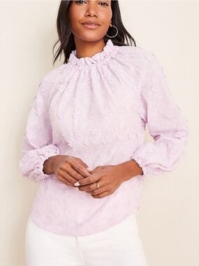 Ann Taylor Lavender Floral Embroidered Smocked-Neck Blouse - Size XL